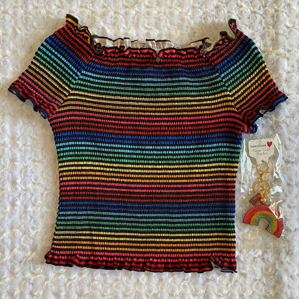 Beautees Girls Rainbow Colors Stretch Short Sleeve Top-L